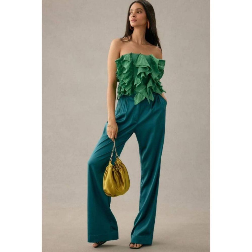 Anthropologie Green Ruffle Strapless Top with Teal Wide-Leg Pants